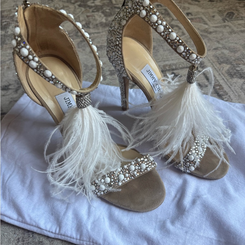 Jimmy Choo Viola 110 White Feather Embellished Women's Heels